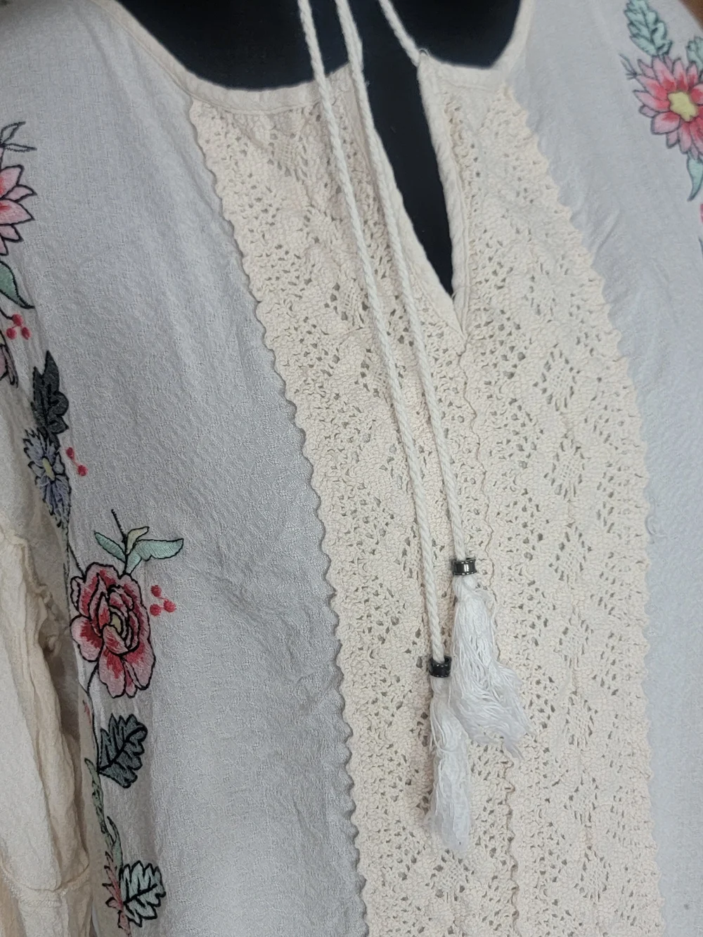 Blue Rain Ivory Embroidered Boho Peasant Blouse | Crochet Lace Tassel Tie Top